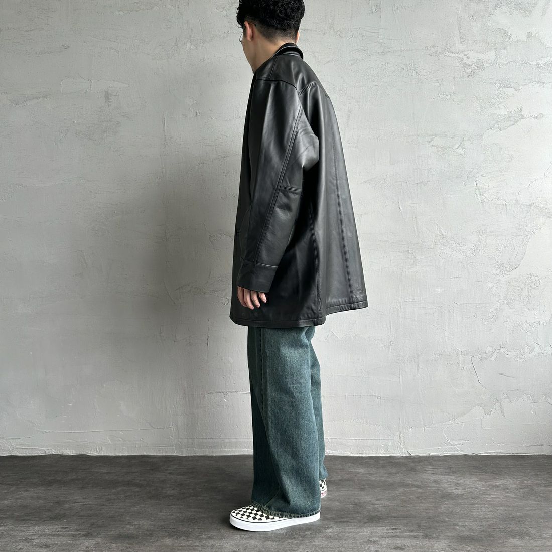 Jeans Factory Clothes [ジーンズファクトリークローズ] ラムレザーカーコート [24411JF] BLACK &&モデル身長：168cm 着用サイズ：L&&