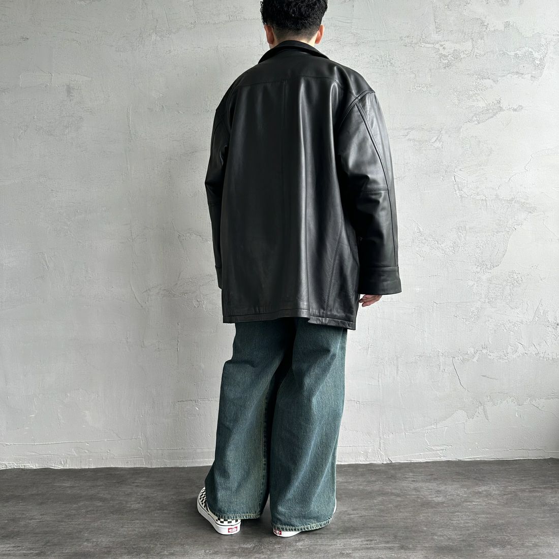 Jeans Factory Clothes [ジーンズファクトリークローズ] ラムレザーカーコート [24411JF] BLACK &&モデル身長：168cm 着用サイズ：L&&