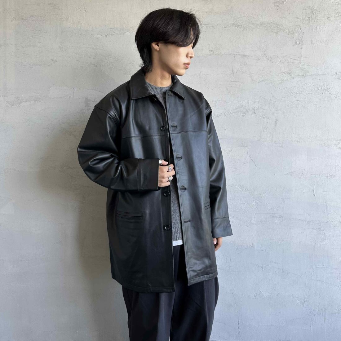 Jeans Factory Clothes [ジーンズファクトリークローズ] ラムレザーカーコート [24411JF] BLACK &&モデル身長：179cm 着用サイズ：XL&&