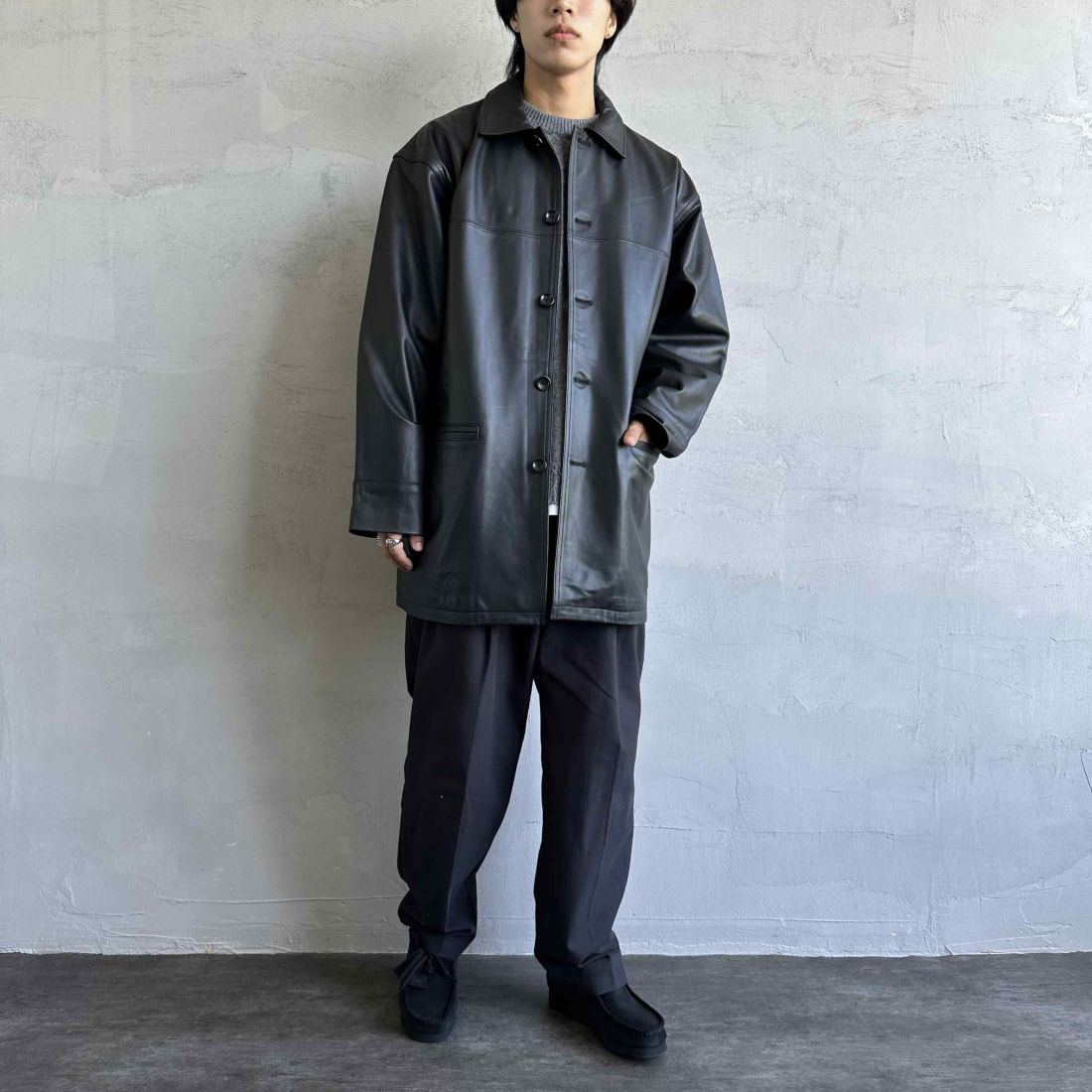 Jeans Factory Clothes [ジーンズファクトリークローズ] ラムレザーカーコート [24411JF] BLACK &&モデル身長：179cm 着用サイズ：XL&&