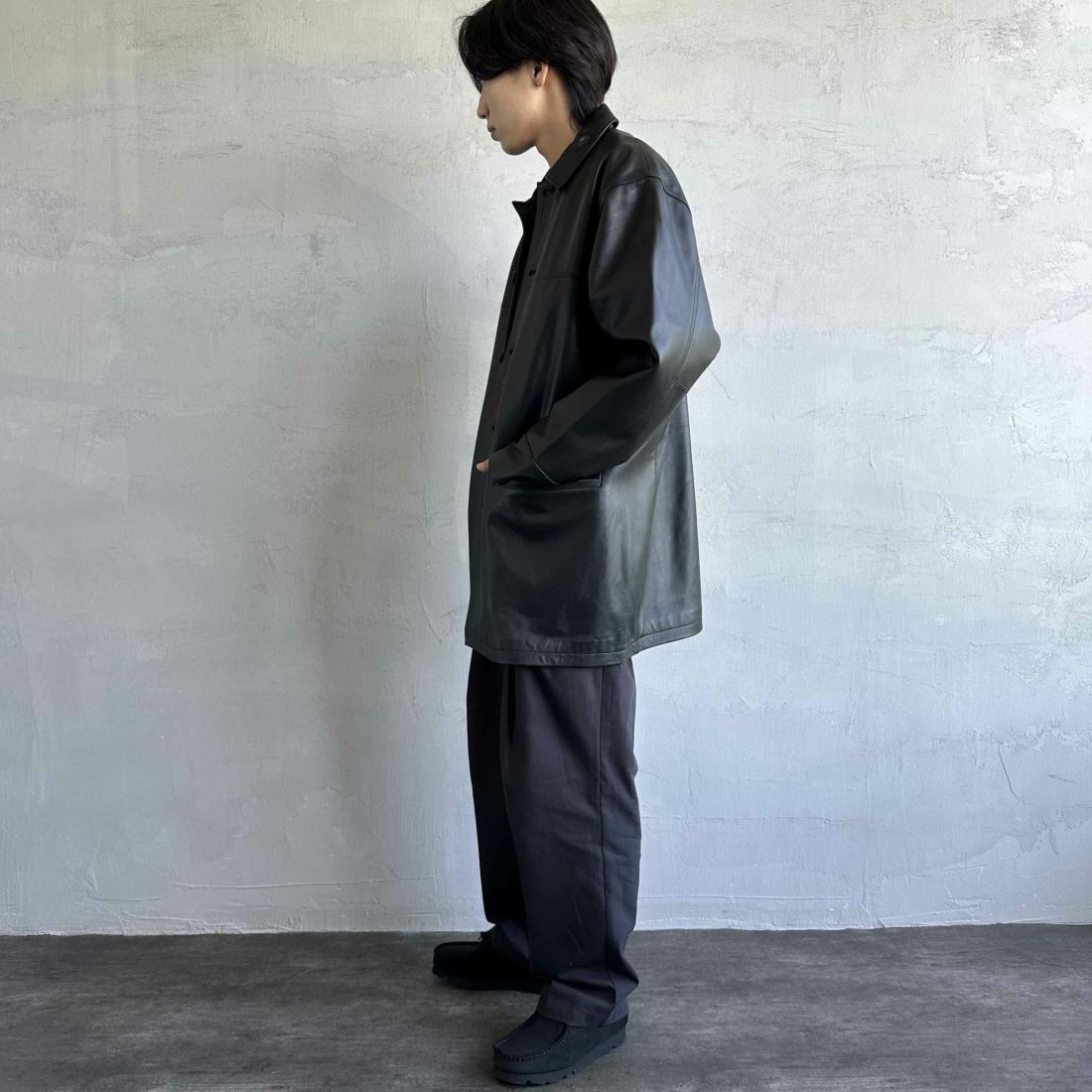 Jeans Factory Clothes [ジーンズファクトリークローズ] ラムレザーカーコート [24411JF] BLACK &&モデル身長：179cm 着用サイズ：XL&&