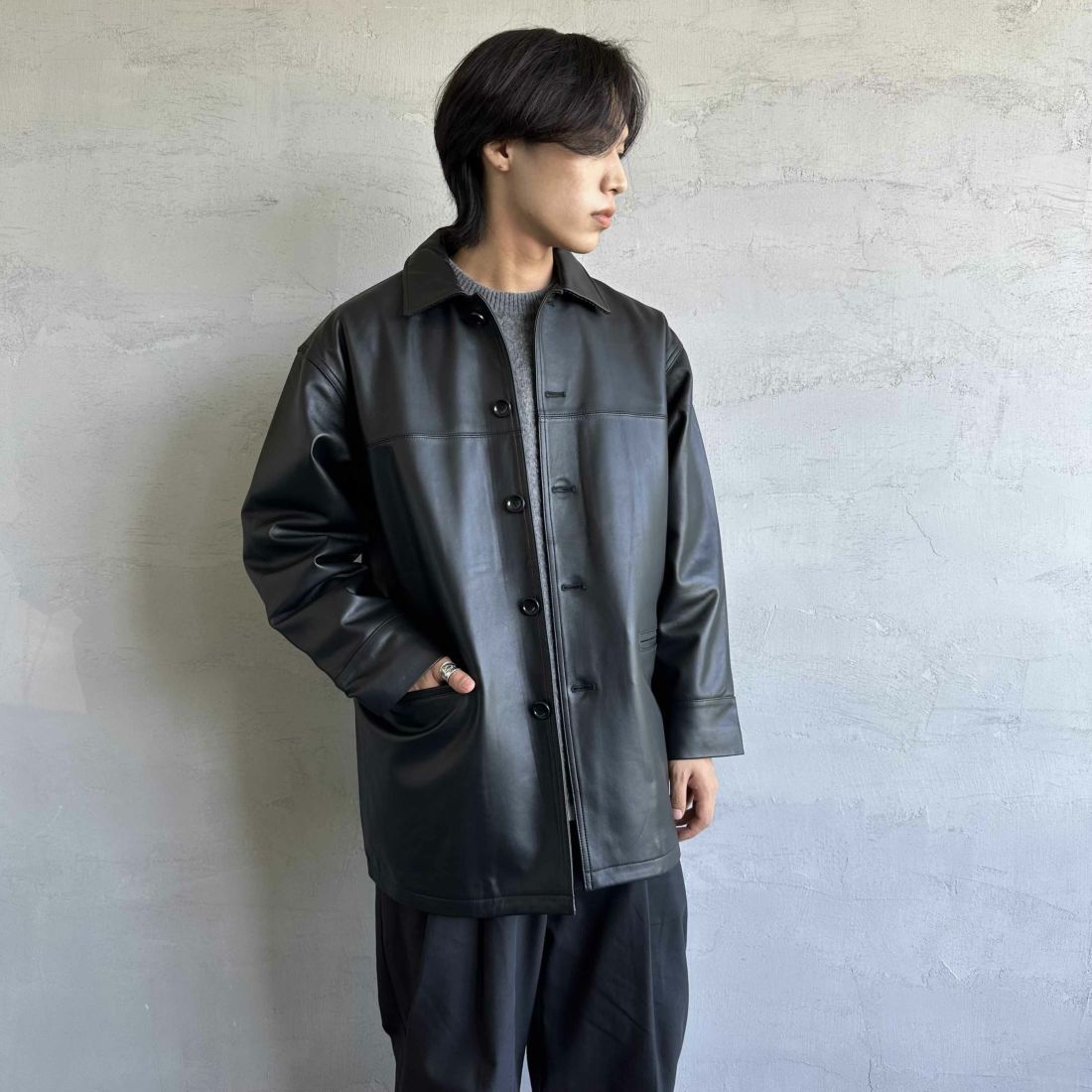 Jeans Factory Clothes [ジーンズファクトリークローズ] ラムレザーカーコート [24411JF] BLACK &&モデル身長：179cm 着用サイズ：M&&