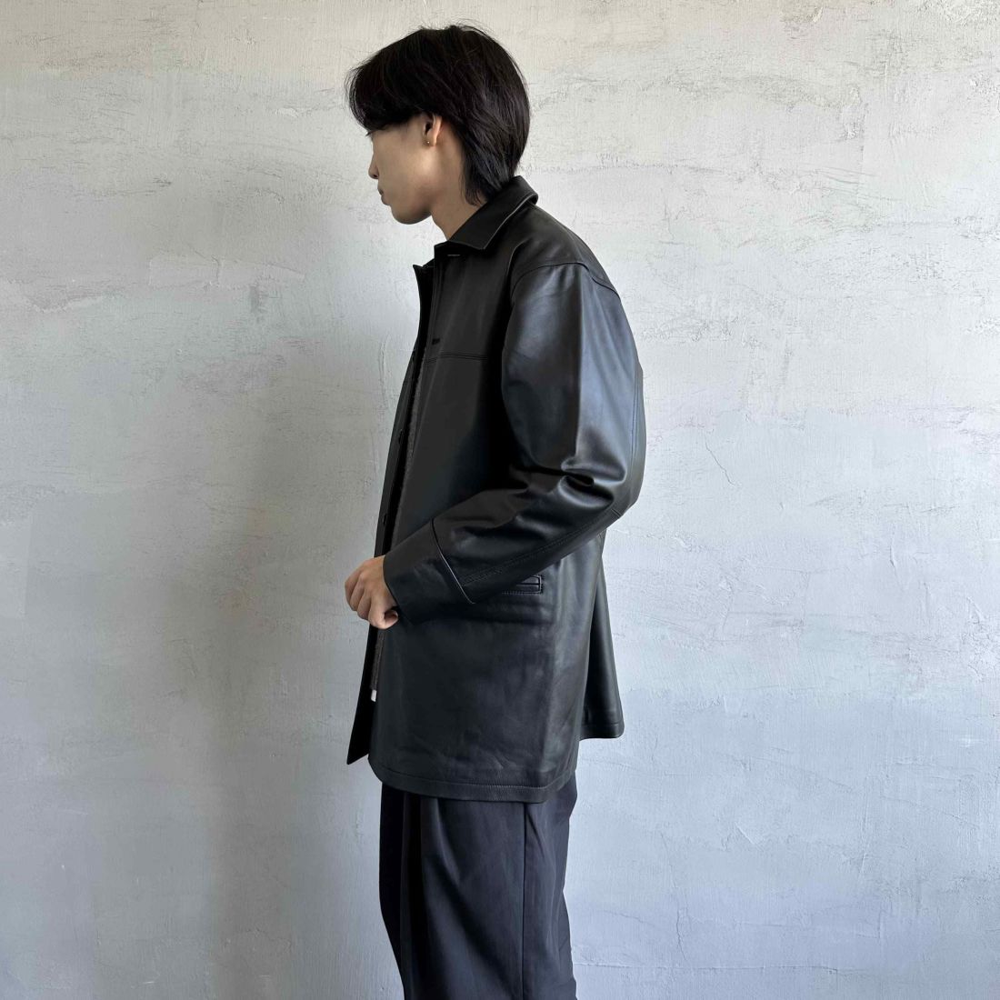 Jeans Factory Clothes [ジーンズファクトリークローズ] ラムレザーカーコート [24411JF] BLACK &&モデル身長：179cm 着用サイズ：M&&