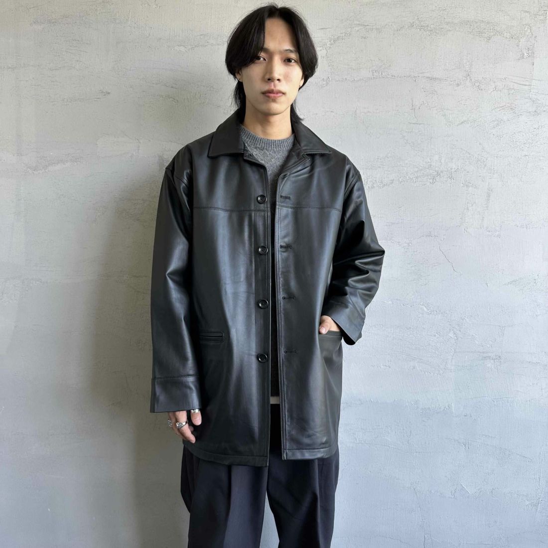 Jeans Factory Clothes [ジーンズファクトリークローズ] ラムレザーカーコート [24411JF] BLACK &&モデル身長：179cm 着用サイズ：L&&