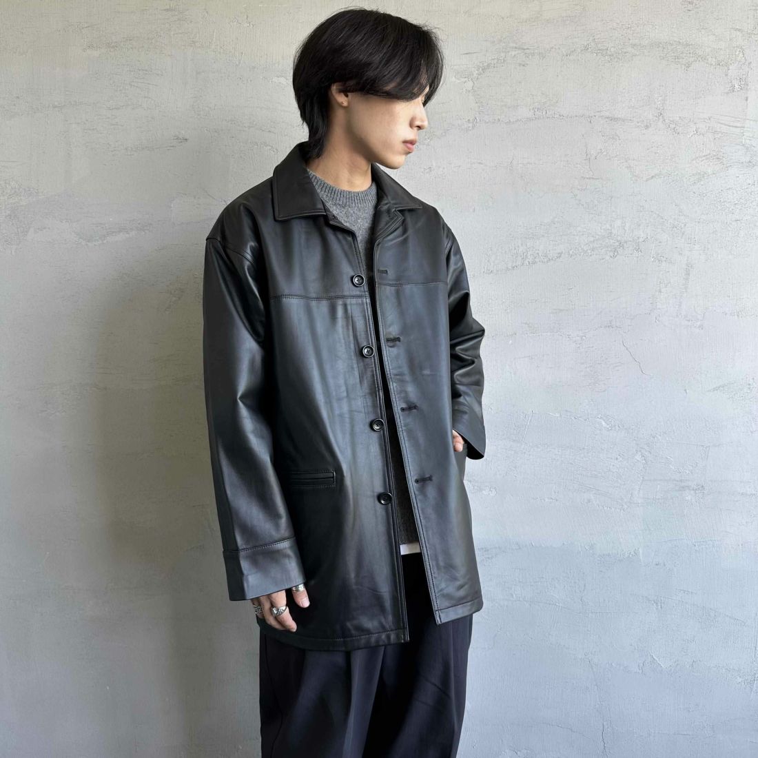 Jeans Factory Clothes [ジーンズファクトリークローズ] ラムレザーカーコート [24411JF] BLACK &&モデル身長：179cm 着用サイズ：L&&