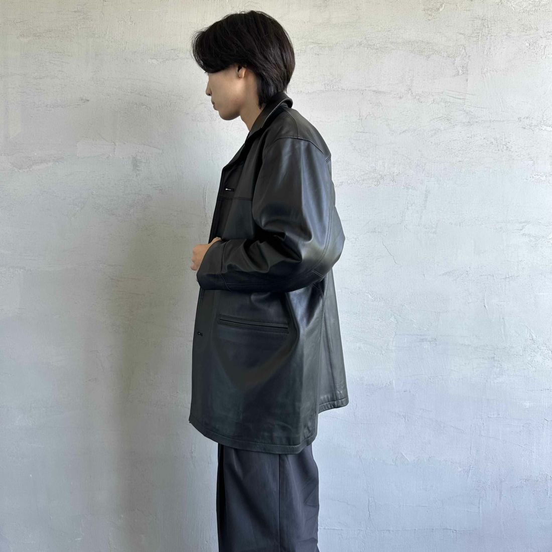 Jeans Factory Clothes [ジーンズファクトリークローズ] ラムレザーカーコート [24411JF] BLACK &&モデル身長：179cm 着用サイズ：L&&