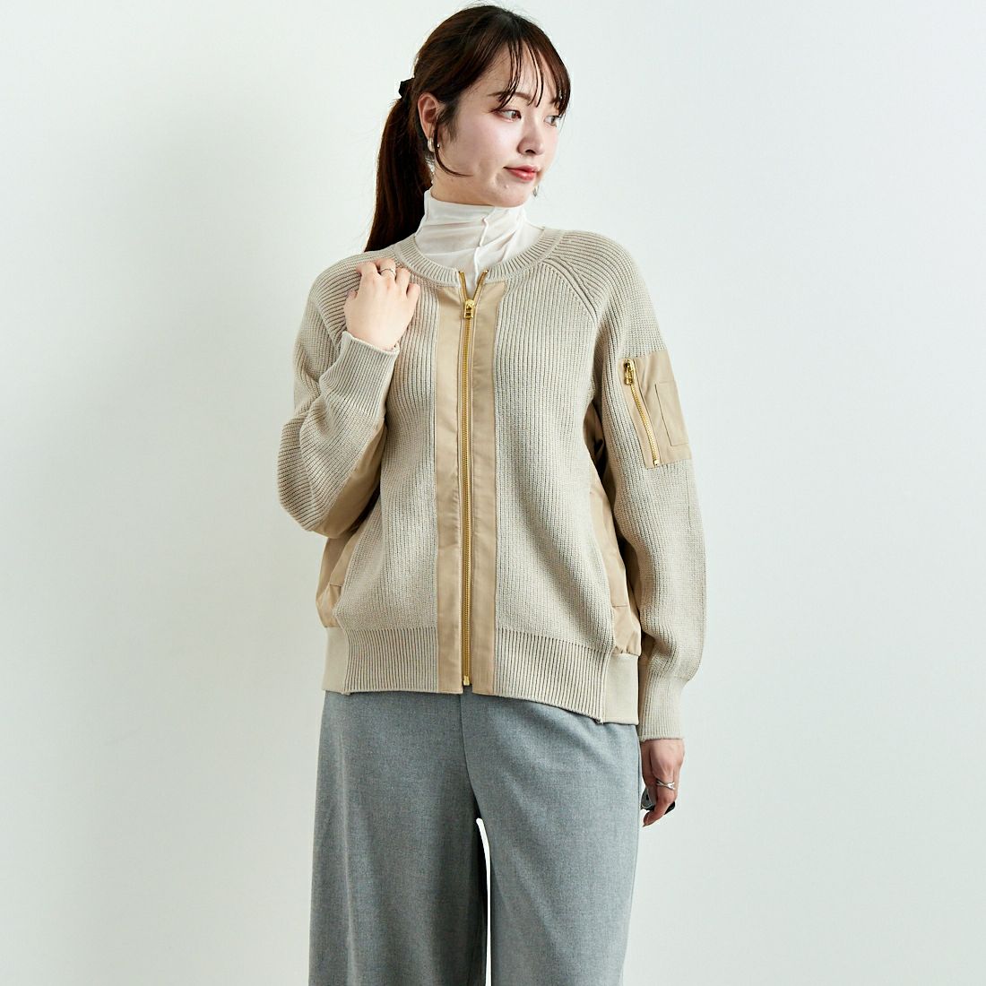 Jeans Factory Clothes [ジーンズファクトリークローズ] 畔編みニット切替ジップブルゾン [3224537] ｸﾞﾚｰﾍﾞｰｼﾞｭ &&モデル身長：167cm 着用サイズ：F&&