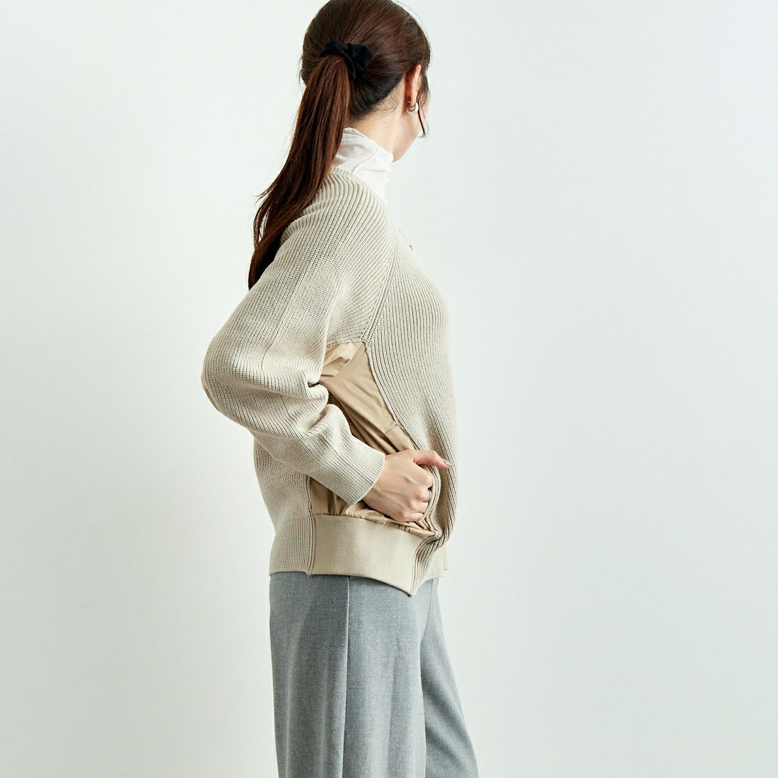 Jeans Factory Clothes [ジーンズファクトリークローズ] 畔編みニット切替ジップブルゾン [3224537] ｸﾞﾚｰﾍﾞｰｼﾞｭ &&モデル身長：167cm 着用サイズ：F&&