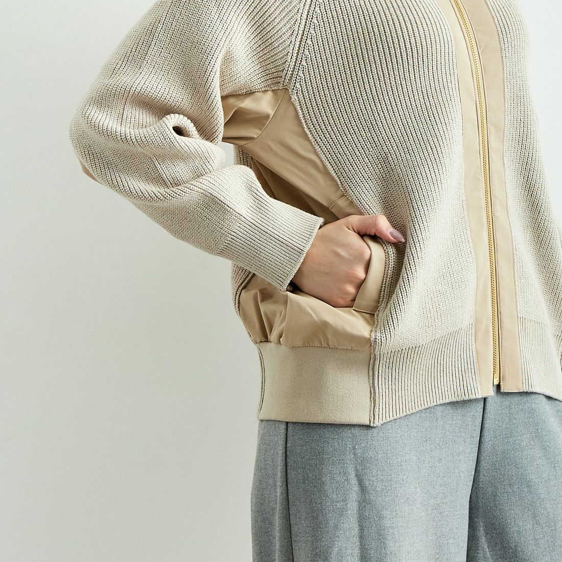Jeans Factory Clothes [ジーンズファクトリークローズ] 畔編みニット切替ジップブルゾン [3224537] ｸﾞﾚｰﾍﾞｰｼﾞｭ &&モデル身長：167cm 着用サイズ：F&&
