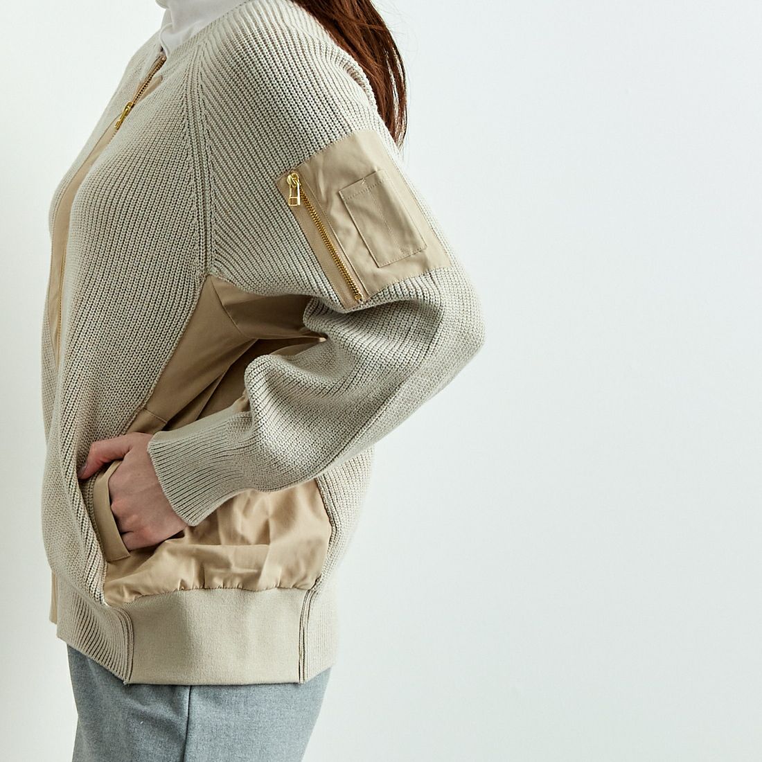 Jeans Factory Clothes [ジーンズファクトリークローズ] 畔編みニット切替ジップブルゾン [3224537] ｸﾞﾚｰﾍﾞｰｼﾞｭ &&モデル身長：167cm 着用サイズ：F&&