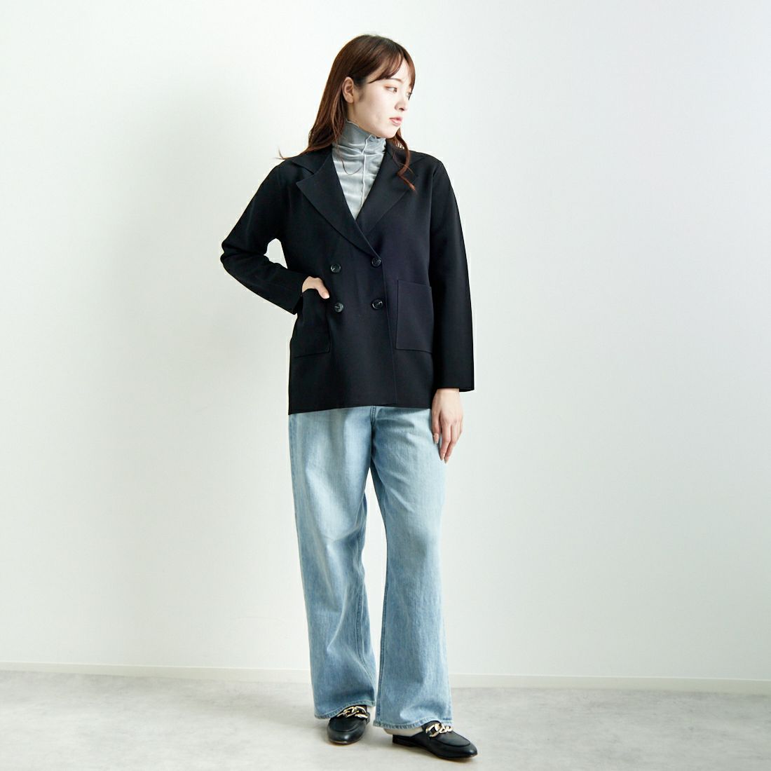 Jeans Factory Clothes [ジーンズファクトリークローズ] ニットテーラードジャケット [11243811] ﾌﾞﾗｯｸ &&モデル身長：167cm 着用サイズ：F&&