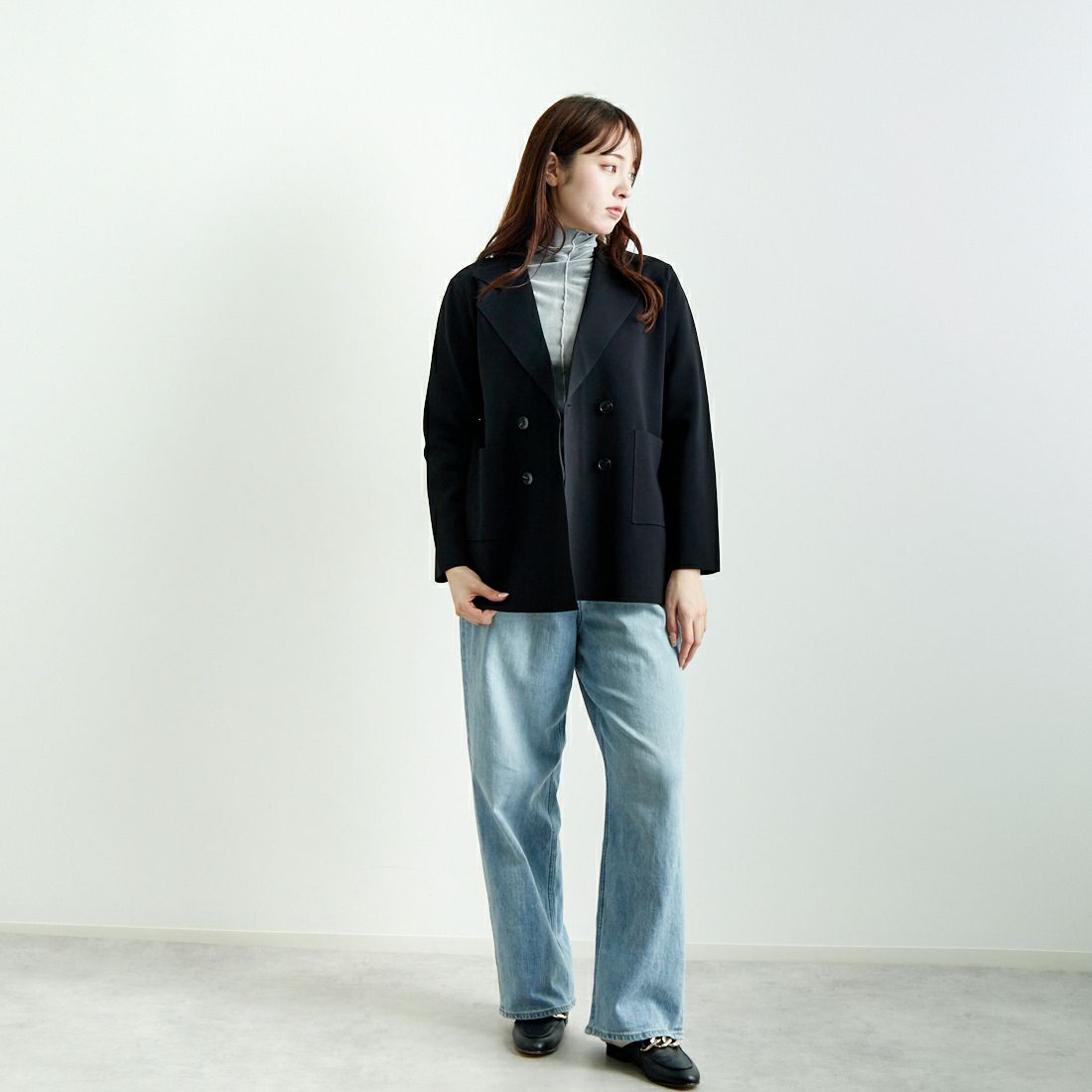 Jeans Factory Clothes [ジーンズファクトリークローズ] ニットテーラードジャケット [11243811] ﾌﾞﾗｯｸ &&モデル身長：167cm 着用サイズ：F&&