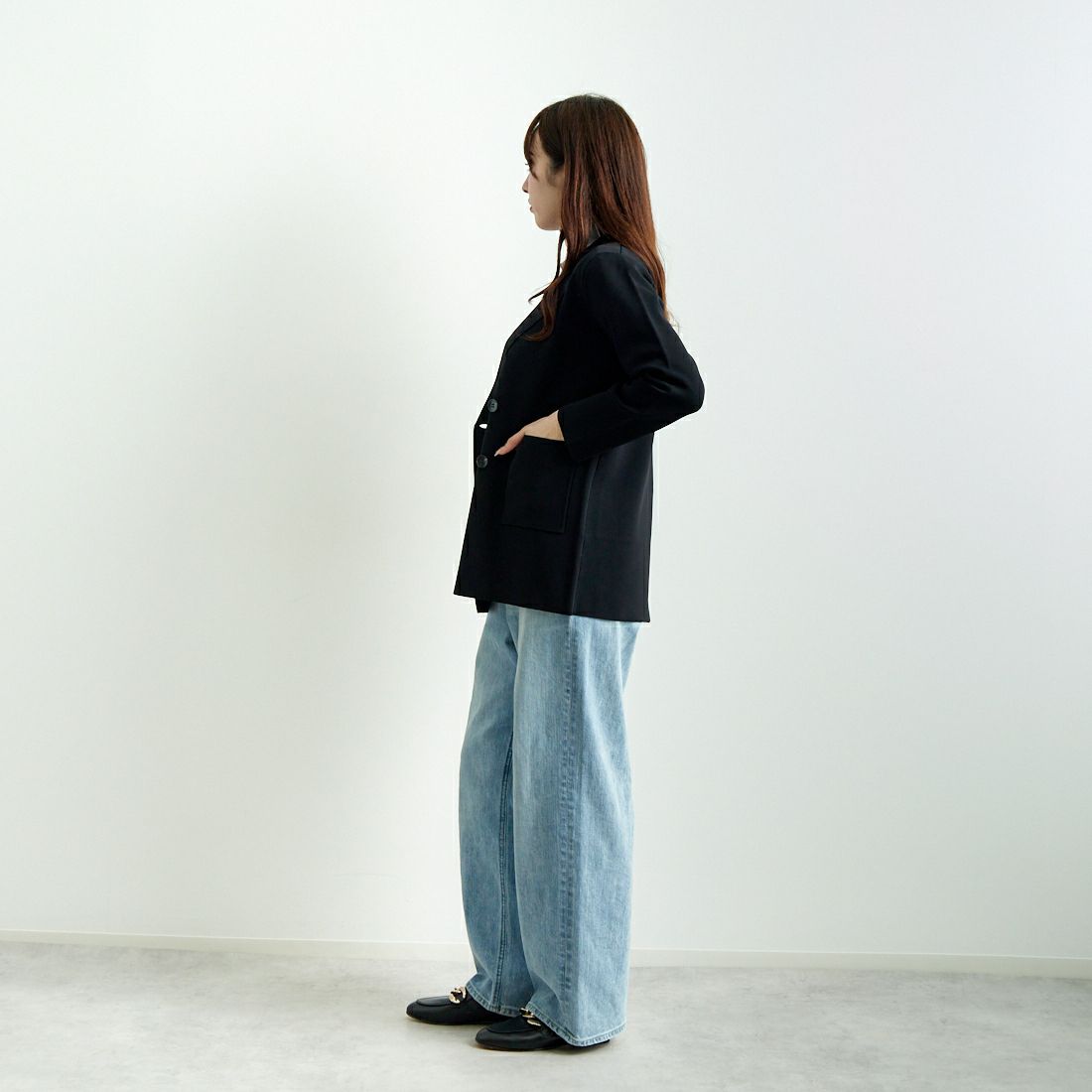 Jeans Factory Clothes [ジーンズファクトリークローズ] ニットテーラードジャケット [11243811] ﾌﾞﾗｯｸ &&モデル身長：167cm 着用サイズ：F&&