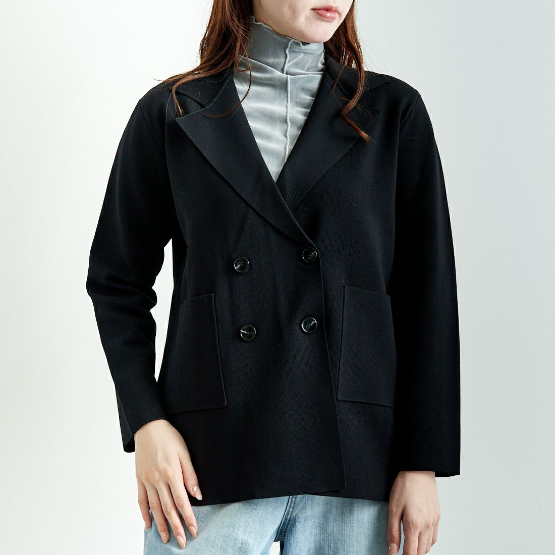 Jeans Factory Clothes [ジーンズファクトリークローズ] ニットテーラードジャケット [11243811] ﾌﾞﾗｯｸ &&モデル身長：167cm 着用サイズ：F&&