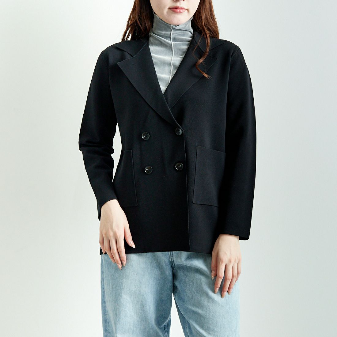 Jeans Factory Clothes [ジーンズファクトリークローズ] ニットテーラードジャケット [11243811] ﾌﾞﾗｯｸ &&モデル身長：167cm 着用サイズ：F&&