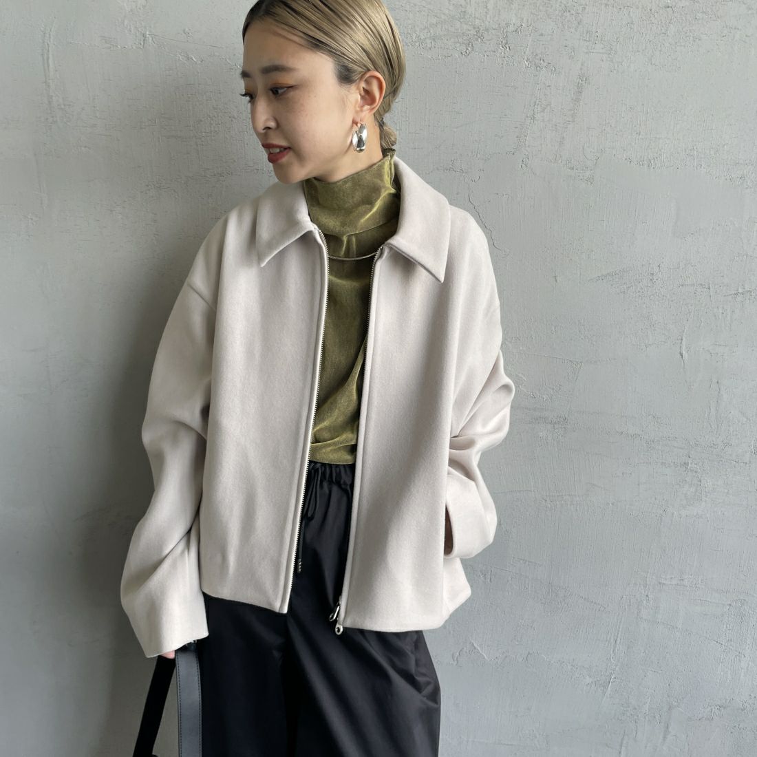 Jeans Factory Clothes [ジーンズファクトリークローズ] ウールライク ジップアップショートブルゾン [46084010] ｱｲﾎﾞﾘｰ&&モデル身長：150cm 着用サイズ：F&&