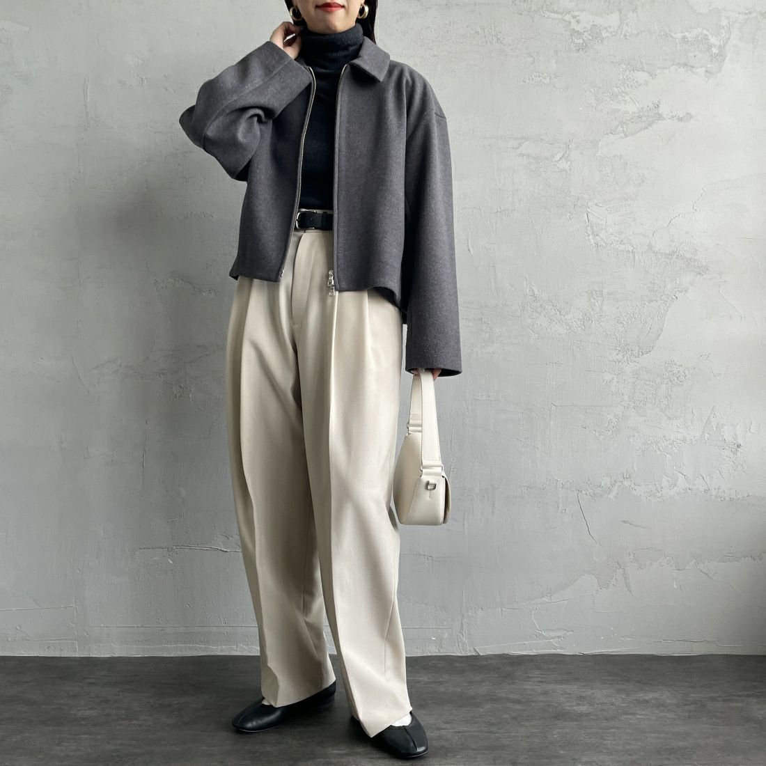 Jeans Factory Clothes [ジーンズファクトリークローズ] ウールライク ジップアップショートブルゾン [46084010] ﾁｬｺｰﾙ&&モデル身長：163cm 着用サイズ：F&&