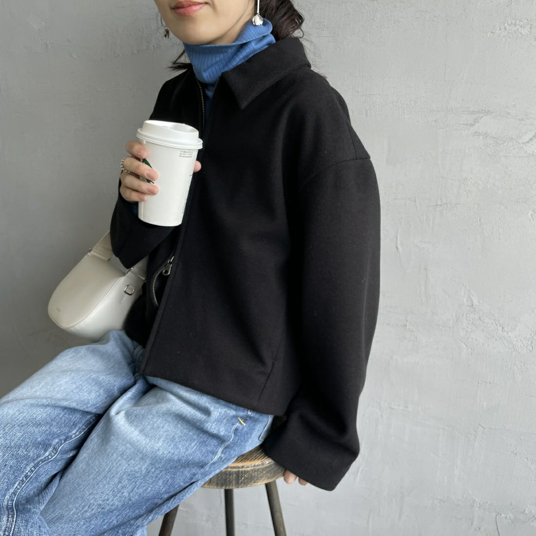 Jeans Factory Clothes [ジーンズファクトリークローズ] ウールライク ジップアップショートブルゾン [46084010] ﾌﾞﾗｯｸ&&モデル身長：160cm 着用サイズ：F&&