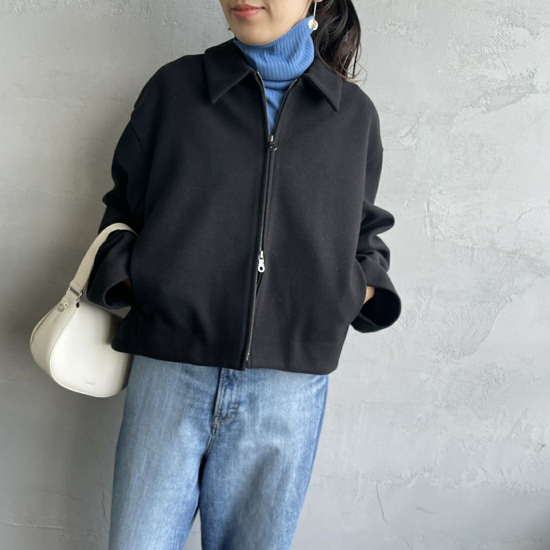 Jeans Factory Clothes [ジーンズファクトリークローズ] ウールライク ジップアップショートブルゾン [46084010] ﾌﾞﾗｯｸ&&モデル身長：160cm 着用サイズ：F&&