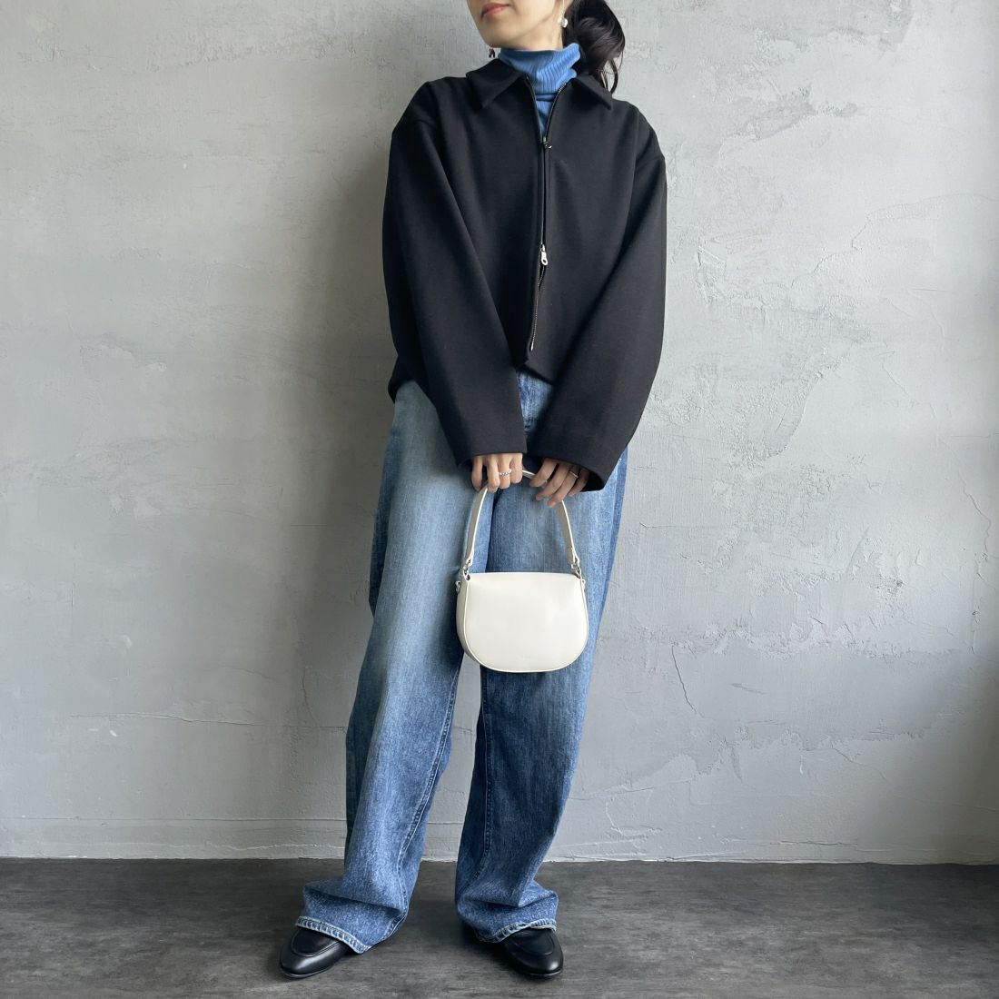 Jeans Factory Clothes [ジーンズファクトリークローズ] ウールライク ジップアップショートブルゾン [46084010] ﾌﾞﾗｯｸ&&モデル身長：160cm 着用サイズ：F&&