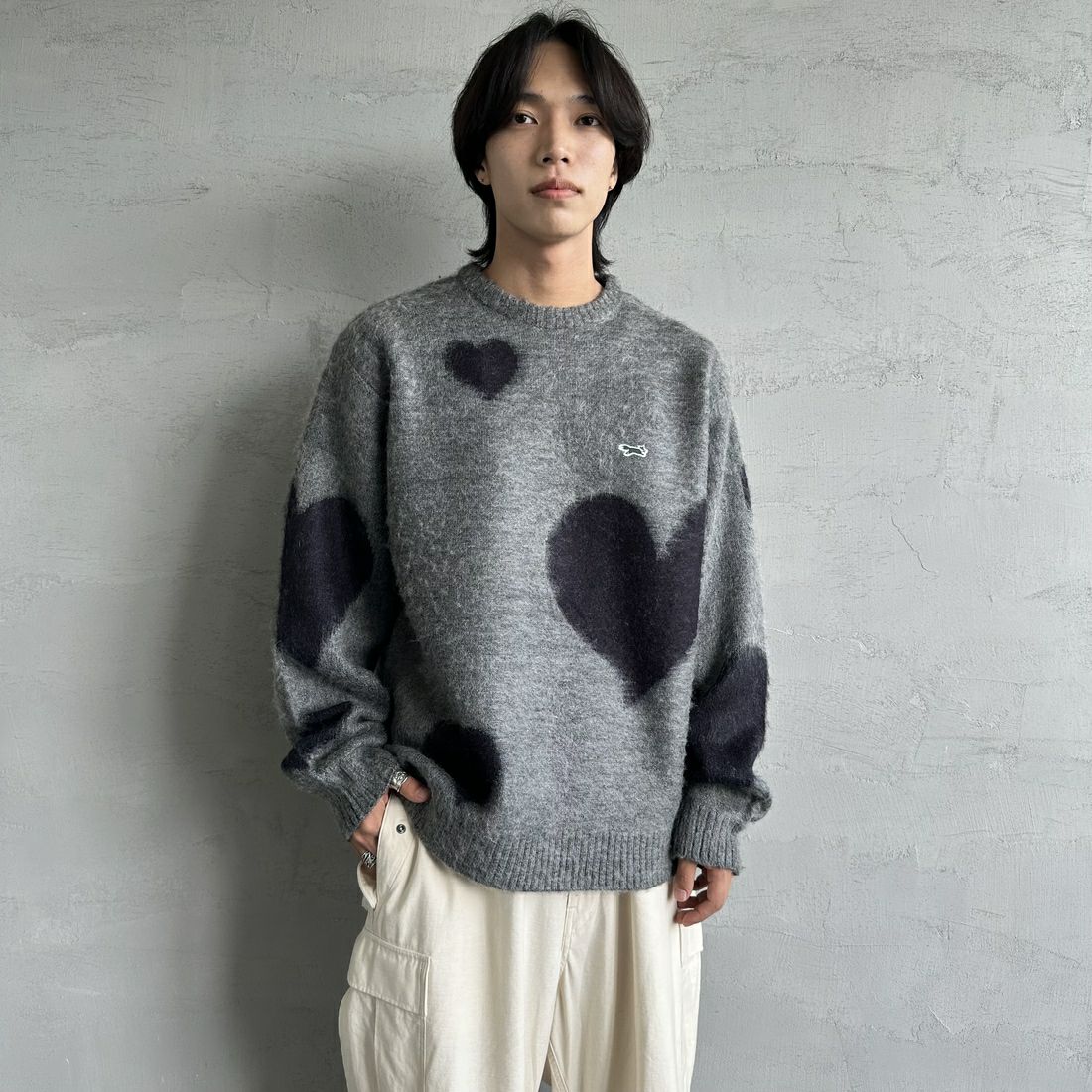 THE FOX [ザフォックス] 別注 シャギーモヘア クルーネックニット [TC24F012-JF] ﾊｰﾄ &&モデル身長：179cm 着用サイズ：M&&