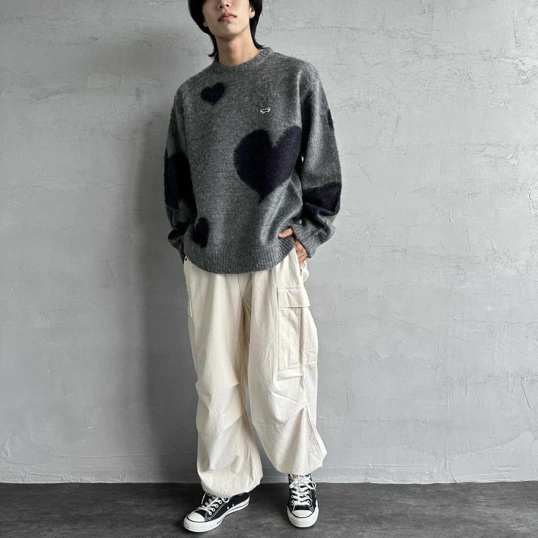 THE FOX [ザフォックス] 別注 シャギーモヘア クルーネックニット [TC24F012-JF] ﾊｰﾄ &&モデル身長：179cm 着用サイズ：M&&