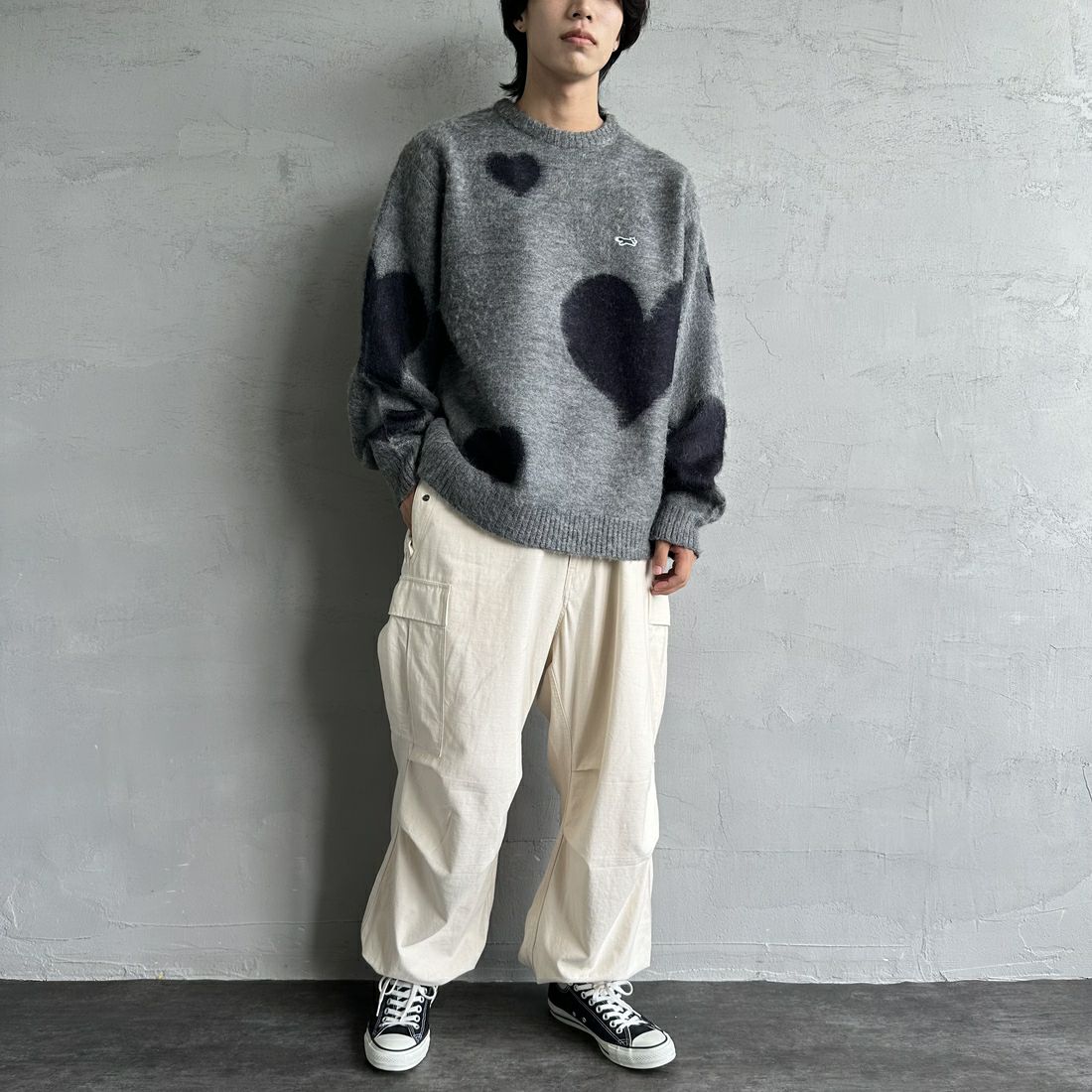 THE FOX [ザフォックス] 別注 シャギーモヘア クルーネックニット [TC24F012-JF] ﾊｰﾄ &&モデル身長：179cm 着用サイズ：M&&