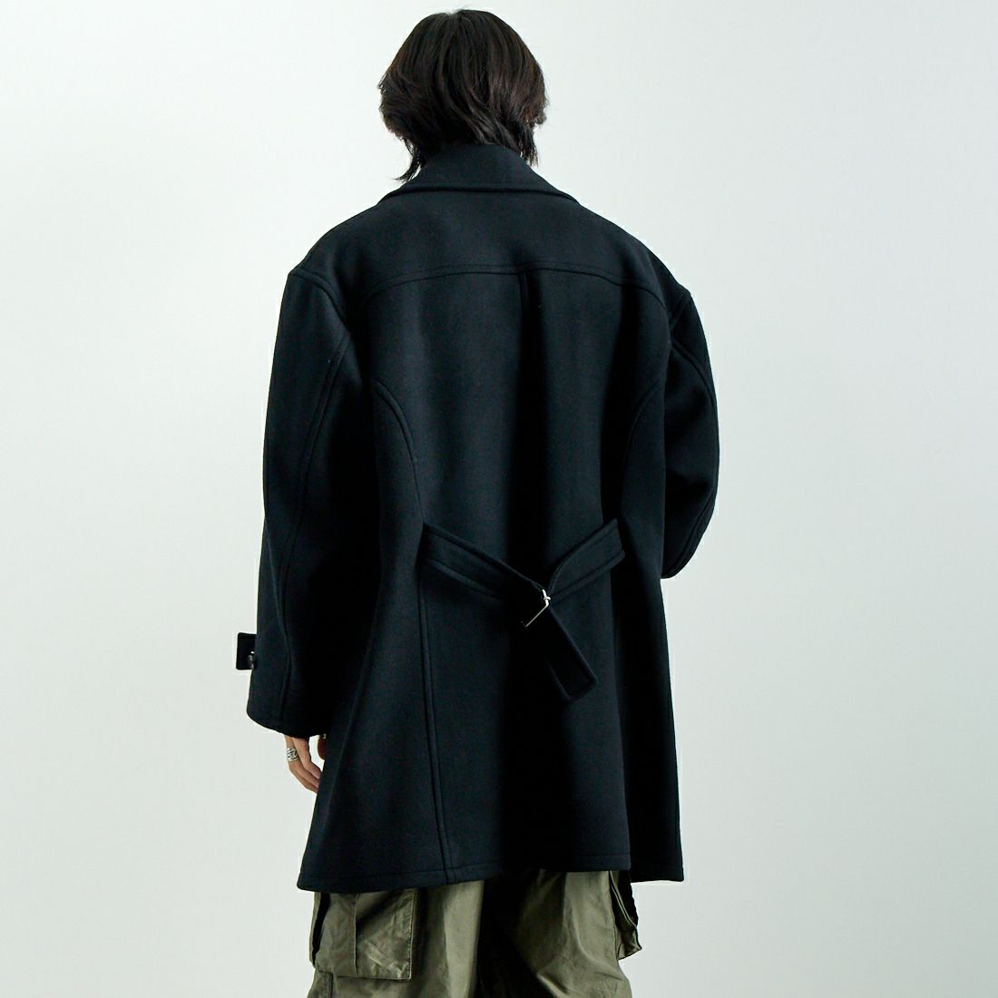 Name. [ネーム] ウールメルトン スイッチング ピーコート [NMCO-003] BLACK &&モデル身長：179cm 着用サイズ：2&&