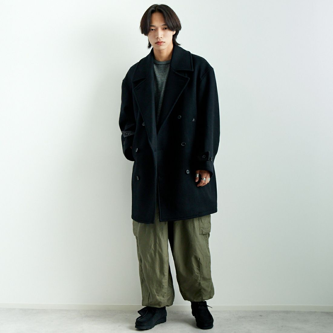 Name. [ネーム] ウールメルトン スイッチング ピーコート [NMCO-003] BLACK &&モデル身長：179cm 着用サイズ：2&&
