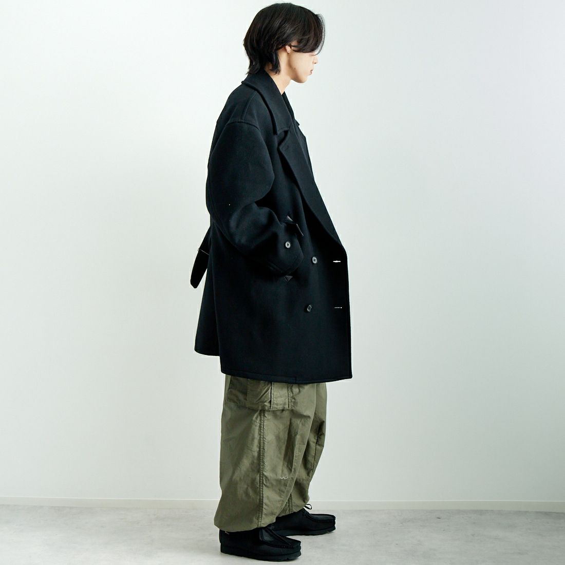 Name. [ネーム] ウールメルトン スイッチング ピーコート [NMCO-003] BLACK &&モデル身長：179cm 着用サイズ：2&&