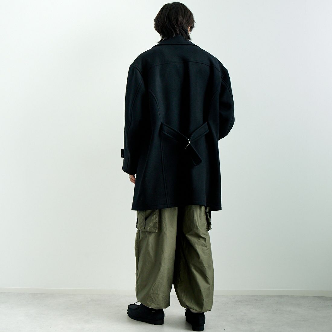 Name. [ネーム] ウールメルトン スイッチング ピーコート [NMCO-003] BLACK &&モデル身長：179cm 着用サイズ：2&&
