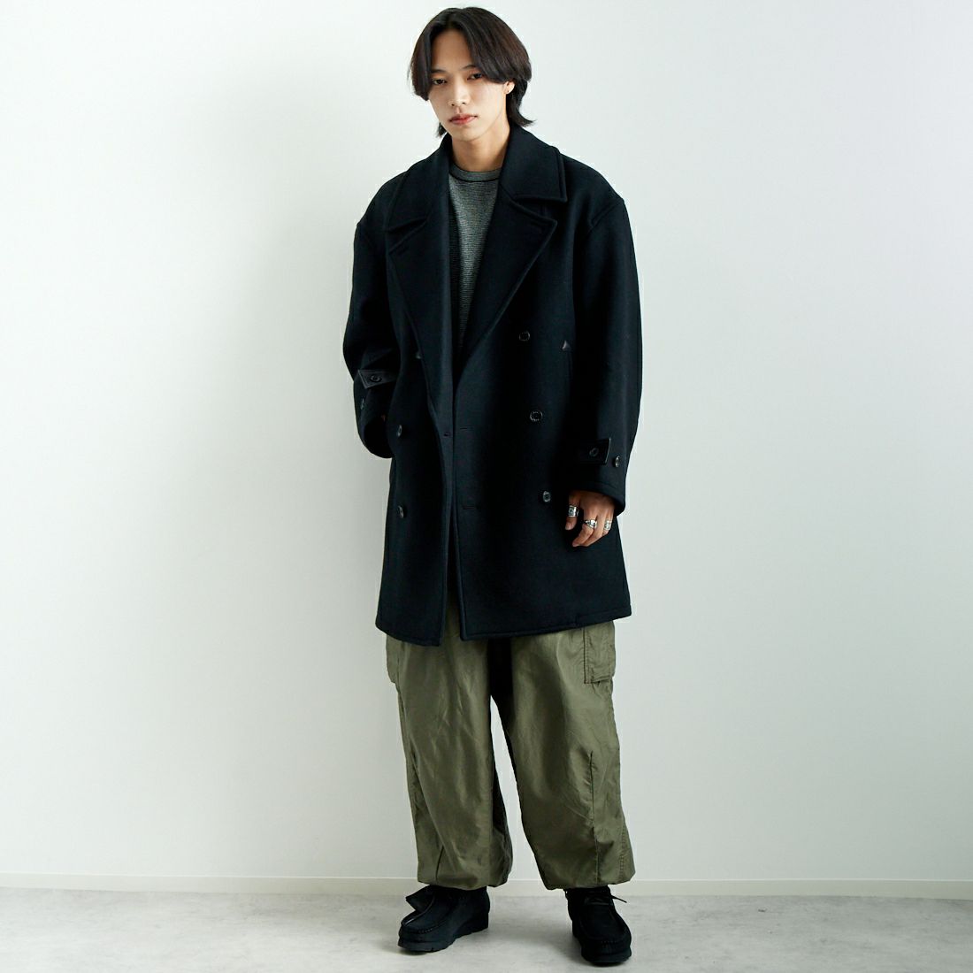 Name. [ネーム] ウールメルトン スイッチング ピーコート [NMCO-003] BLACK &&モデル身長：179cm 着用サイズ：2&&