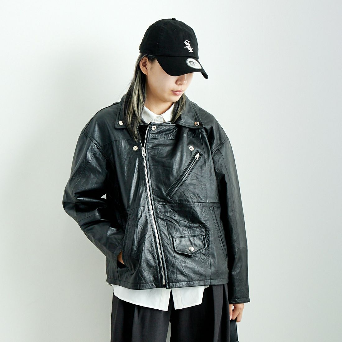 yoused [ユーズド] 別注 ライダースジャケット [JFY-244-093-FY] BLACK &&モデル身長：167cm 着用サイズ：0&&