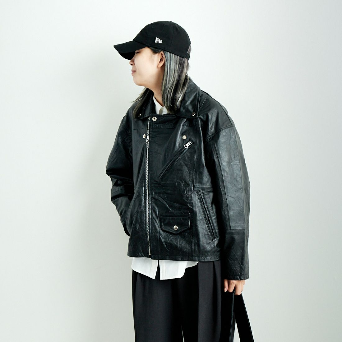 yoused [ユーズド] 別注 ライダースジャケット [JFY-244-093-FY] BLACK &&モデル身長：167cm 着用サイズ：0&&