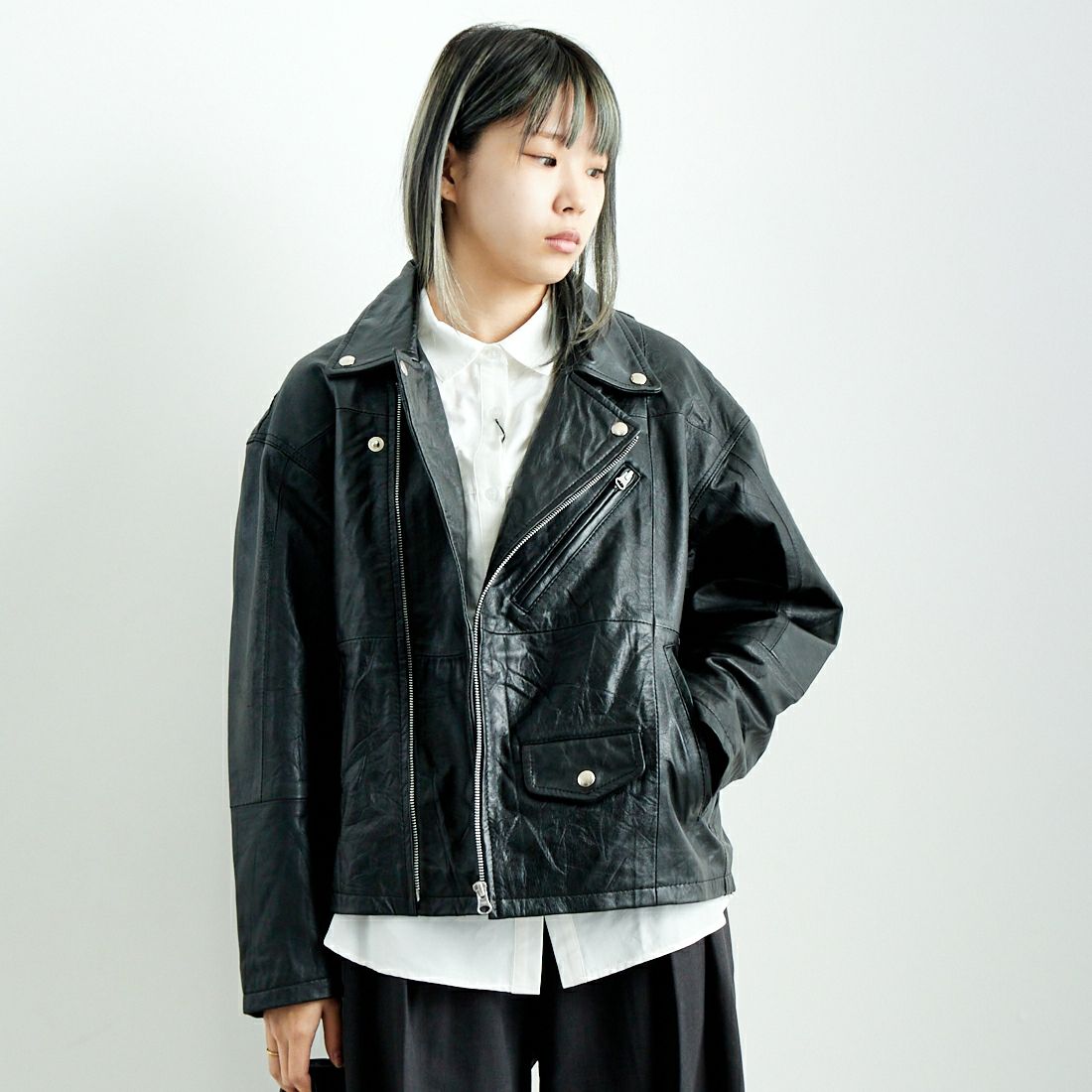 yoused [ユーズド] 別注 ライダースジャケット [JFY-244-093-FY] BLACK &&モデル身長：167cm 着用サイズ：0&&