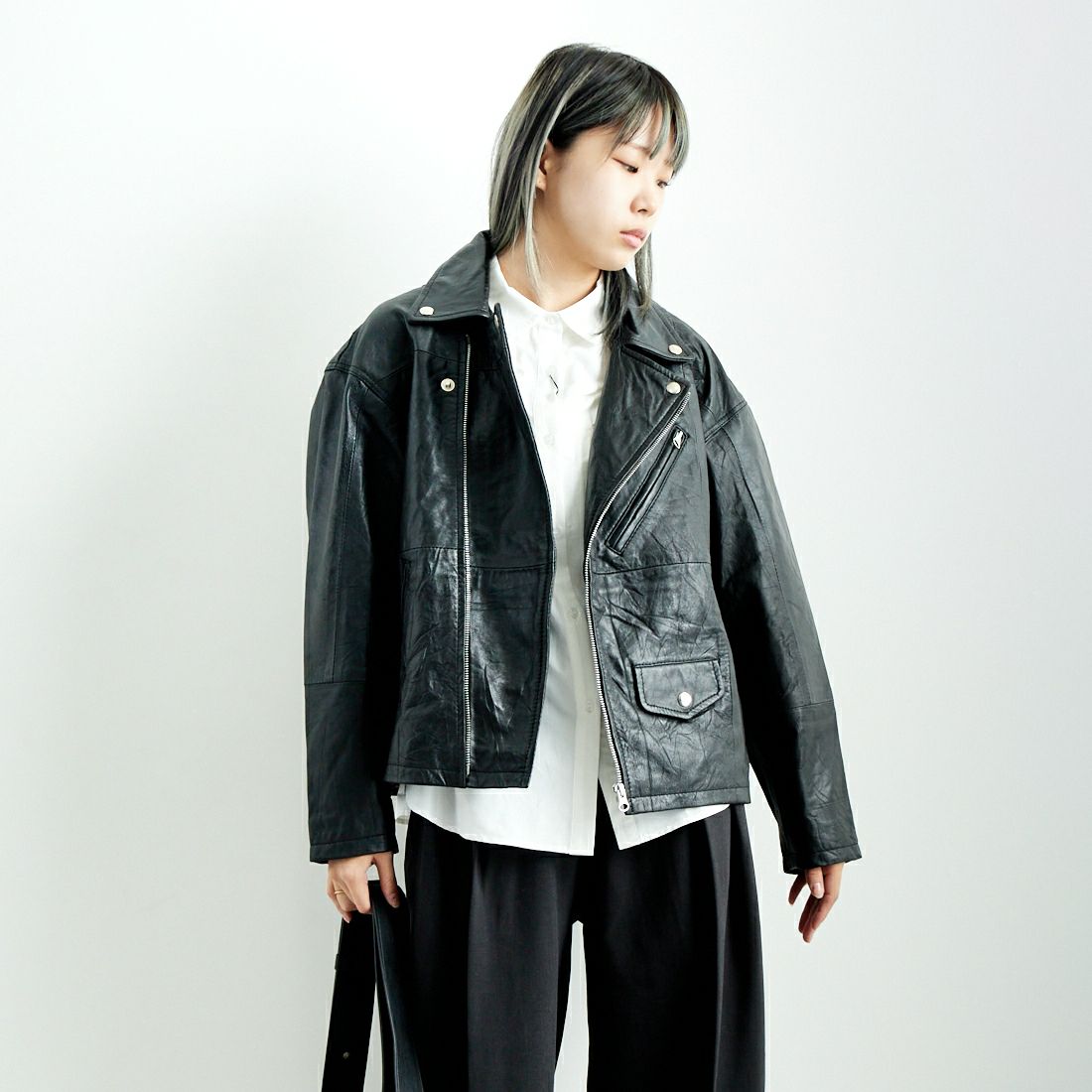 yoused [ユーズド] 別注 ライダースジャケット [JFY-244-093-FY] BLACK &&モデル身長：167cm 着用サイズ：0&&