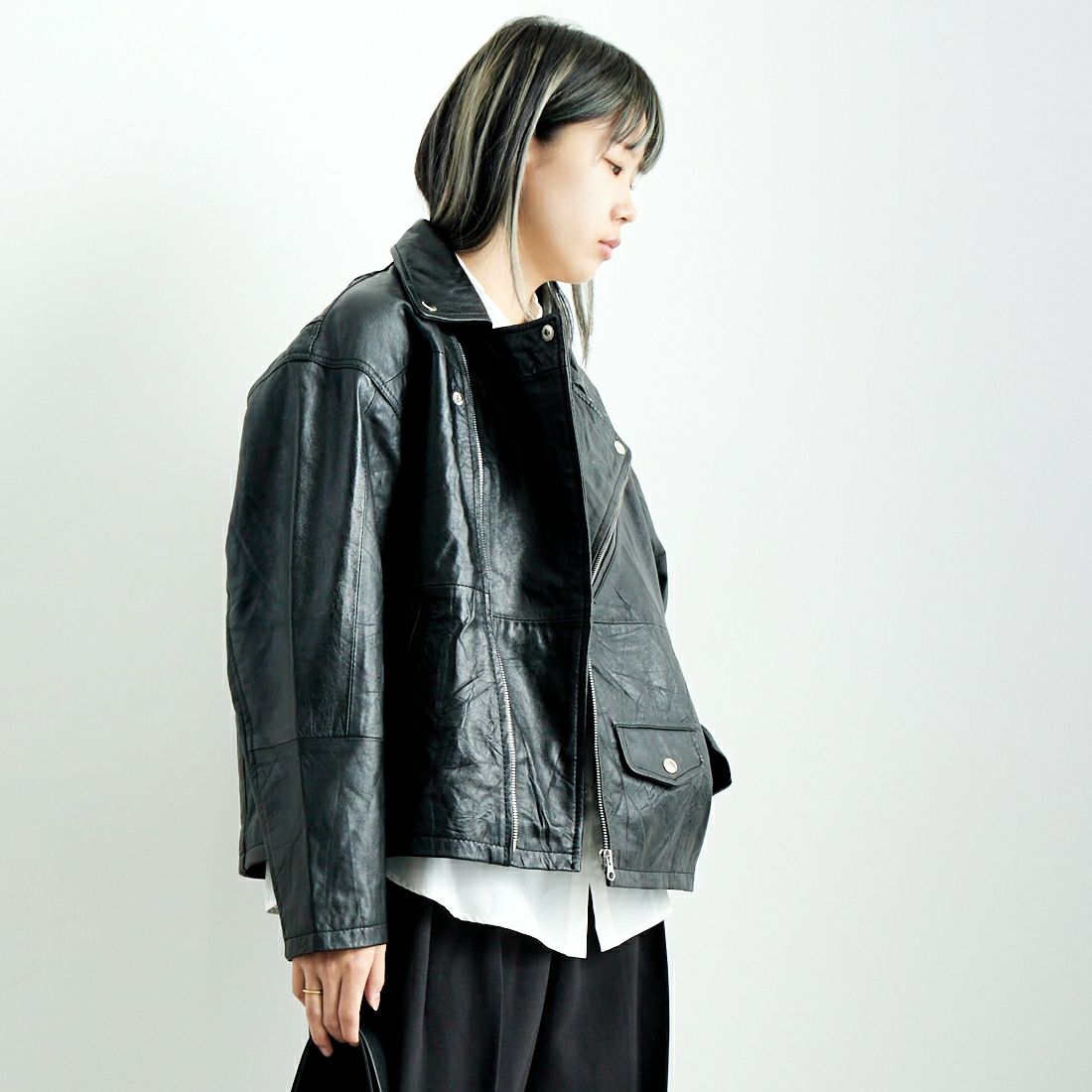 yoused [ユーズド] 別注 ライダースジャケット [JFY-244-093-FY] BLACK &&モデル身長：167cm 着用サイズ：0&&