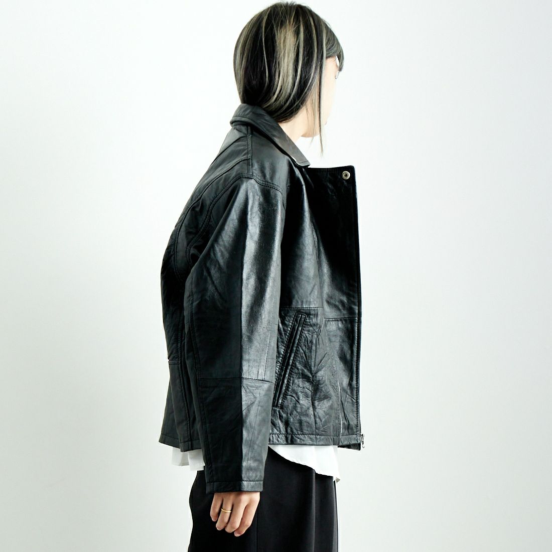 yoused [ユーズド] 別注 ライダースジャケット [JFY-244-093-FY] BLACK &&モデル身長：167cm 着用サイズ：0&&