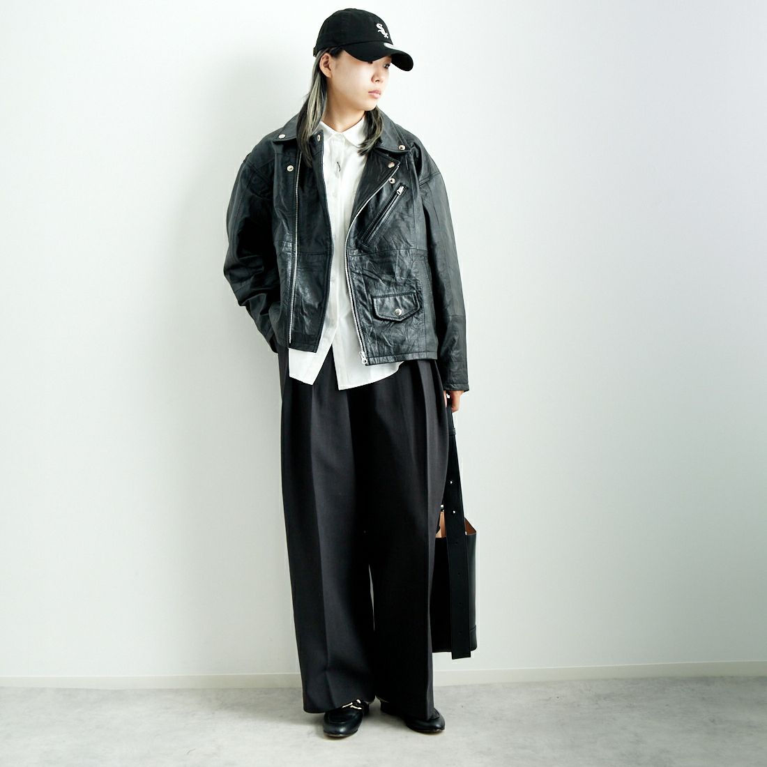 yoused [ユーズド] 別注 ライダースジャケット [JFY-244-093-FY] BLACK &&モデル身長：167cm 着用サイズ：0&&