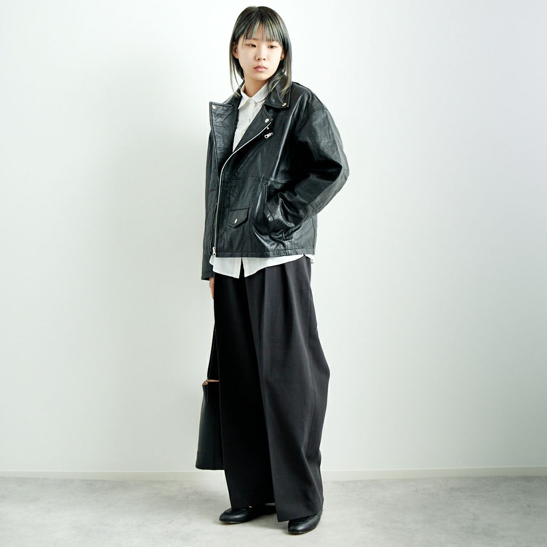 yoused [ユーズド] 別注 ライダースジャケット [JFY-244-093-FY] BLACK &&モデル身長：167cm 着用サイズ：0&&