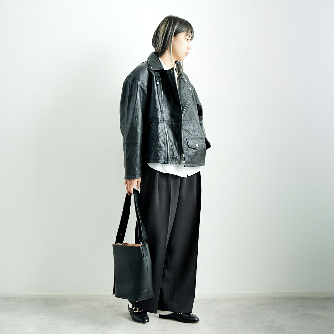 yoused [ユーズド] 別注 ライダースジャケット [JFY-244-093-FY] BLACK &&モデル身長：167cm 着用サイズ：0&&