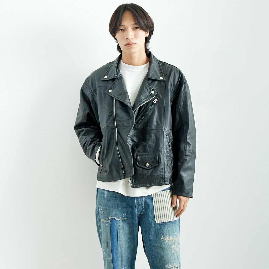 yoused [ユーズド] 別注 ライダースジャケット [JFY-244-093-FY] BLACK &&モデル身長：179cm 着用サイズ：2&&