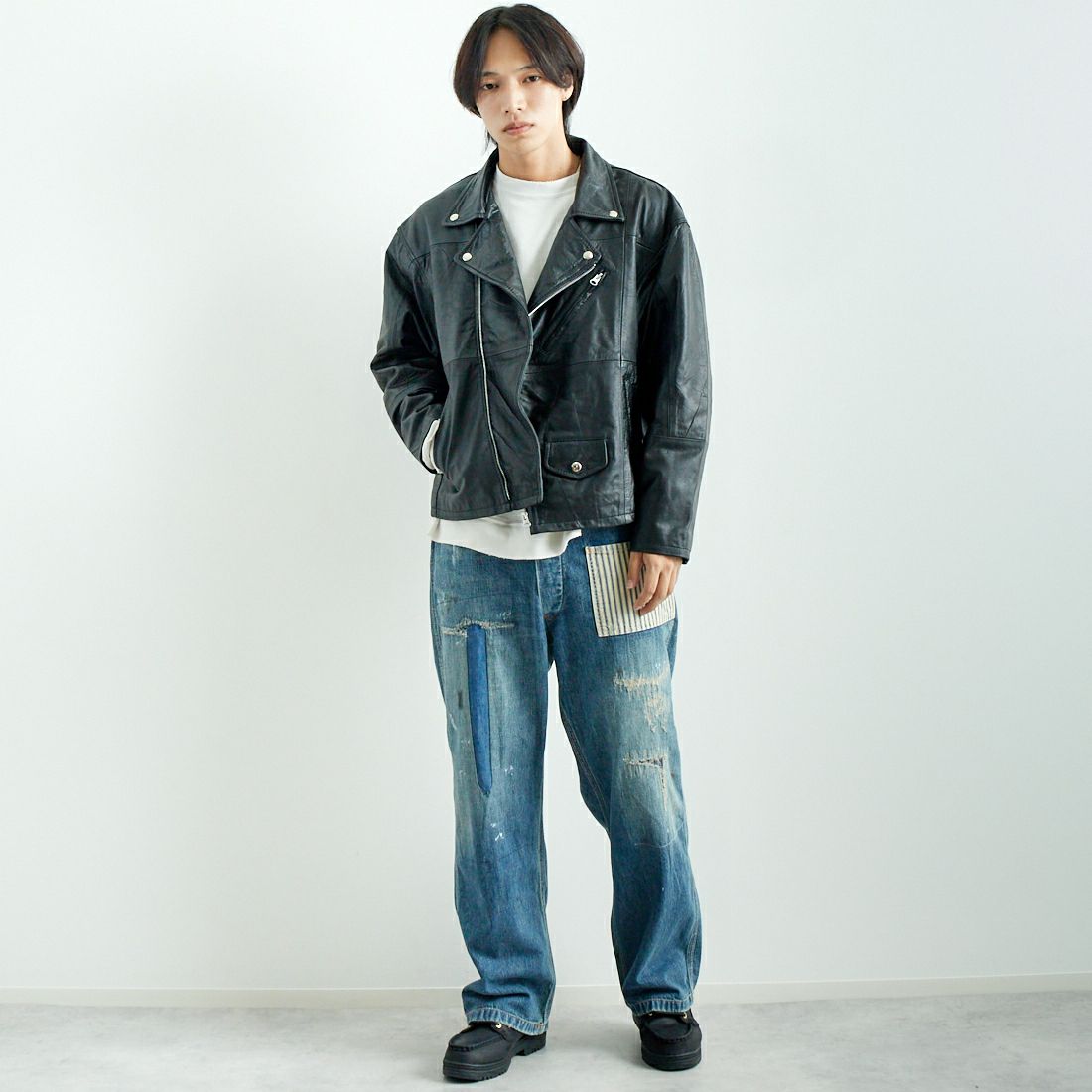 yoused [ユーズド] 別注 ライダースジャケット [JFY-244-093-FY] BLACK &&モデル身長：179cm 着用サイズ：2&&