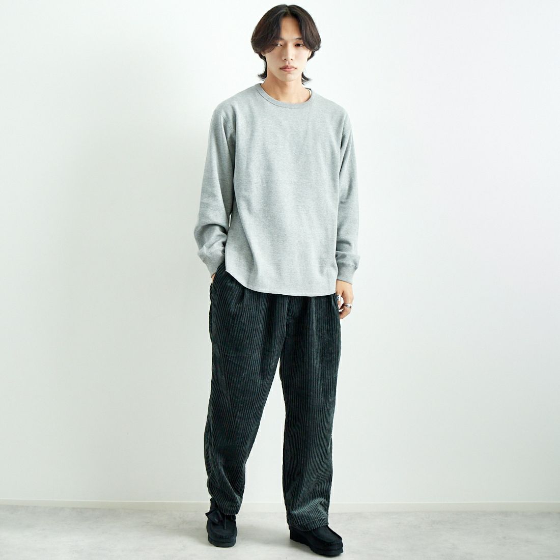 Jeans Factory Clothes [ジーンズファクトリークローズ] ハニカムサーマル ボンバーヒートニットソー [JFC-244-067] GREY &&モデル身長：179cm 着用サイズ：L&&