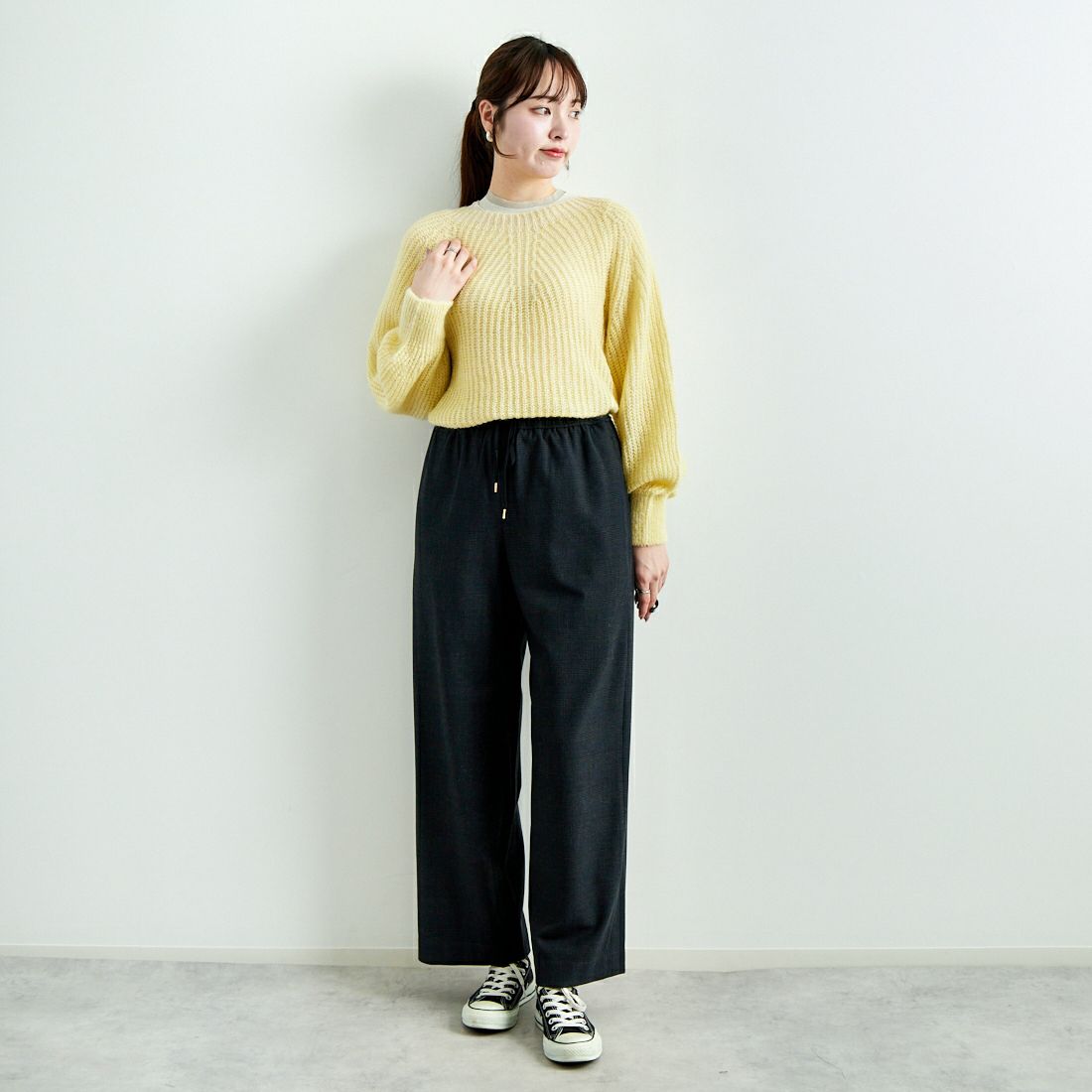 Jeans Factory Clothes [ジーンズファクトリークローズ] ホールガーメント モヘアプルオーバー [114-2063] ｲｴﾛｰ &&モデル身長：167cm 着用サイズ：F&&