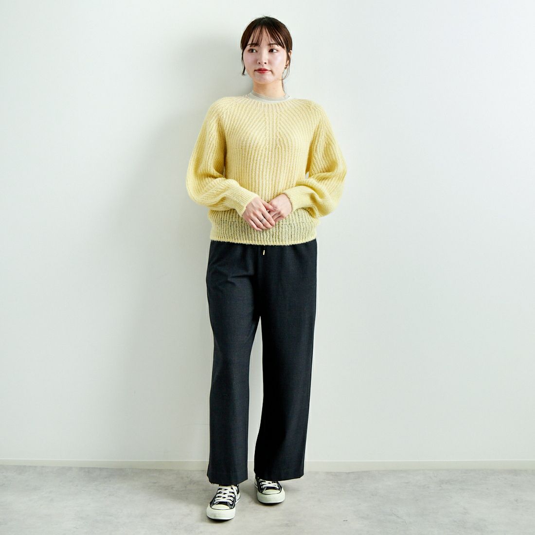 Jeans Factory Clothes [ジーンズファクトリークローズ] ホールガーメント モヘアプルオーバー [114-2063] ｲｴﾛｰ &&モデル身長：167cm 着用サイズ：F&&