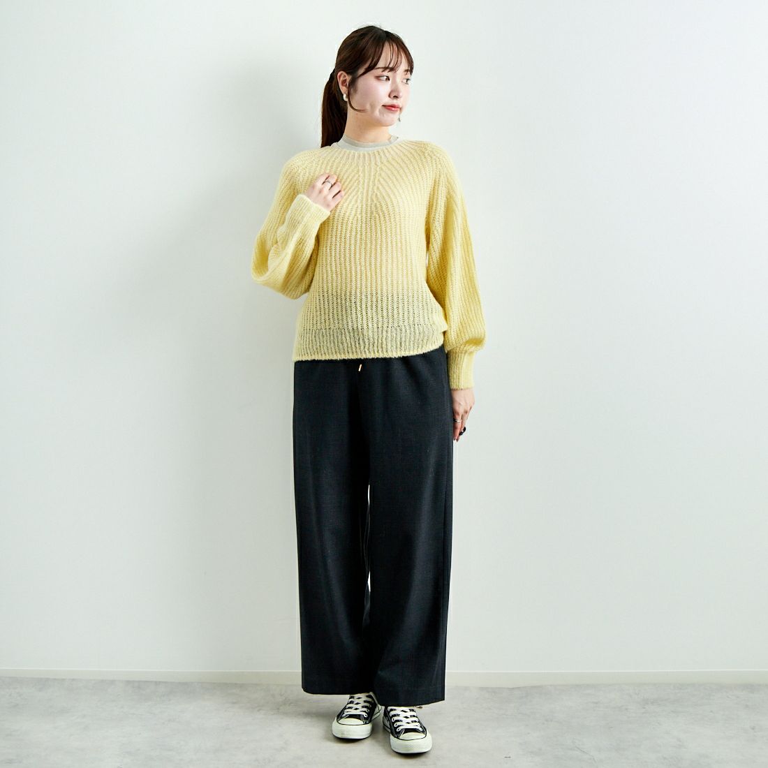 Jeans Factory Clothes [ジーンズファクトリークローズ] ホールガーメント モヘアプルオーバー [114-2063] ｲｴﾛｰ &&モデル身長：167cm 着用サイズ：F&&