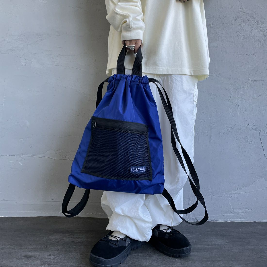 JULY NINE [ジュライナイン] 別注 メッシュポケット ナイロンナップサック [JLN2001001-JF] BLUE