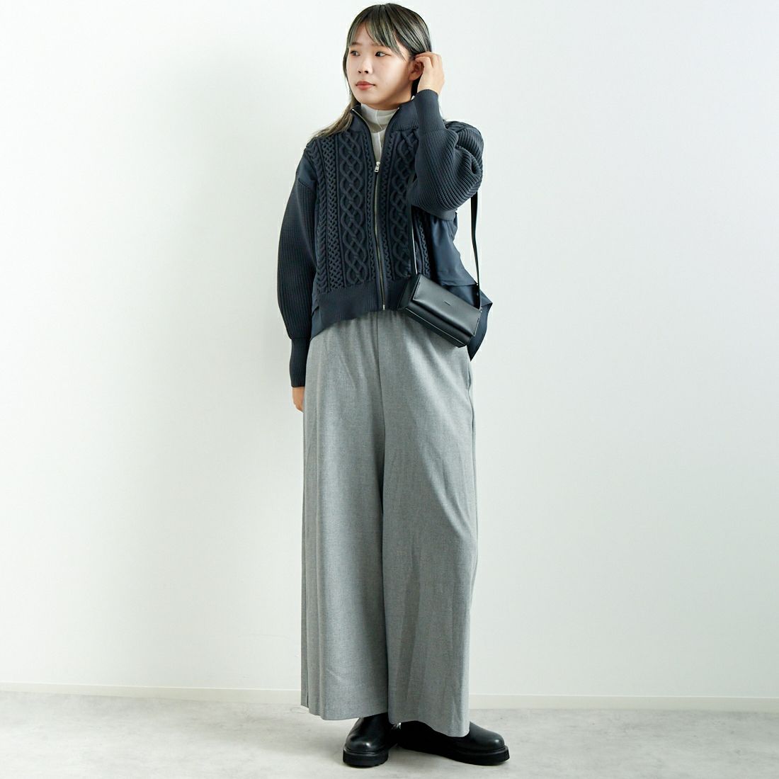 Jeans Factory Clothes [ジーンズファクトリークローズ] 2WAYストレッチウォームワイドパンツ [21243060] 001 Lｸﾞﾚｰ &&モデル身長：167cm 着用サイズ：F&&