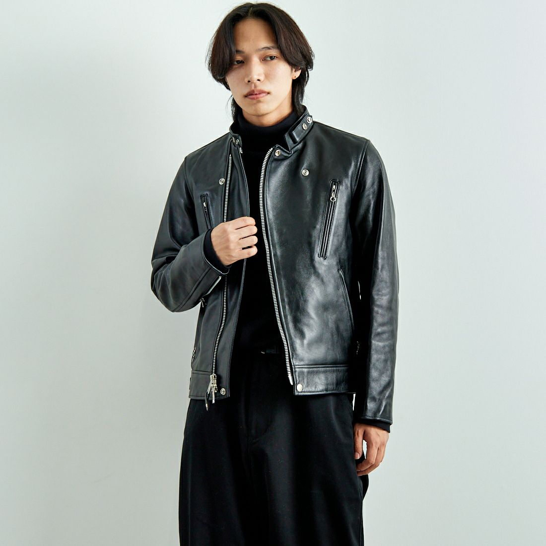 schott♡ブラックレザー シングルライダースジャケット（SCHOTT 